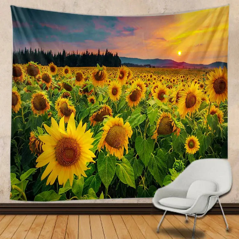 Vibrant yellow sunflower hippie bohemian tapestry with sunset sky and green foliage for bedroom wall hanging