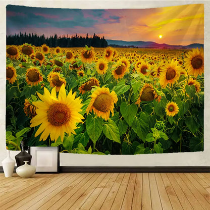 Yellow sunflower hippie bohemian tapestry wall hanging with vibrant sunset over hills printed on rich fabric for bedroom decor