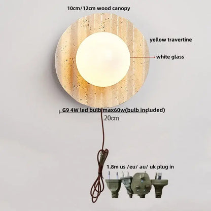 Yellow travertine circular led wall lights with textured wood canopy and white glass bulb for bedroom decorbites led wall lights