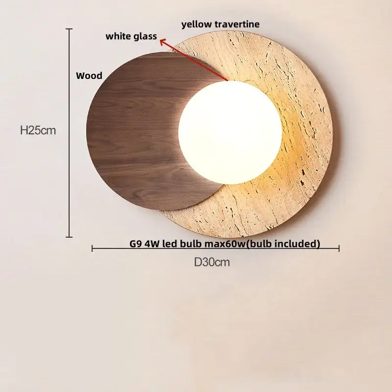 Yellow travertine circular led wall lights with warm white glass bulb framed by dark wood for bedroom decorbites led wall use