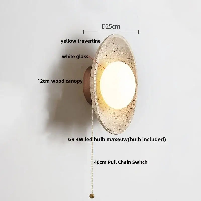 Yellow travertine circular led wall lights with white glass diffuser and 12cm wood canopy for bedroom decorbites led wall