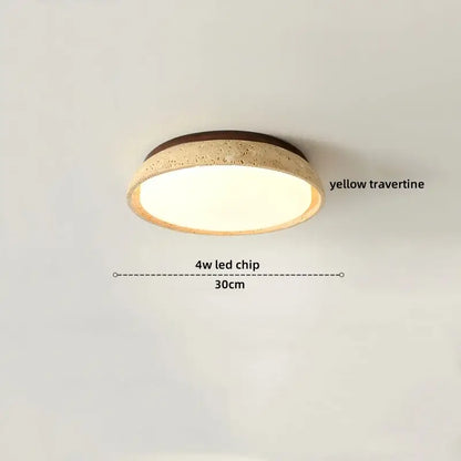 Circular led ceiling lamp with yellow travertine textured finish and dark brown rim for living room lighting