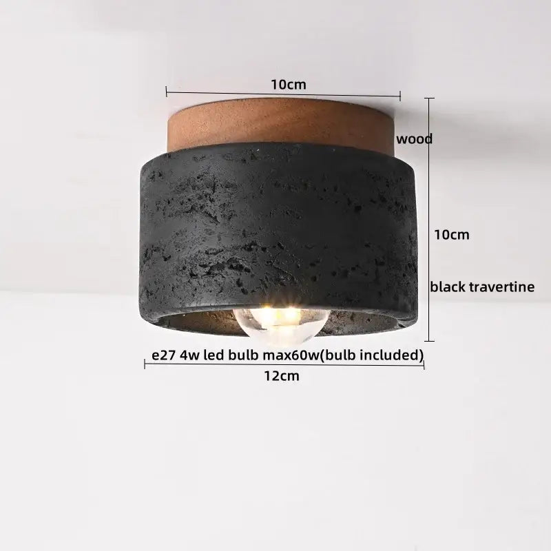 Rounded black travertine and wood ceiling lamp with visible led bulb as yellow travertine led ceiling lamp for living room