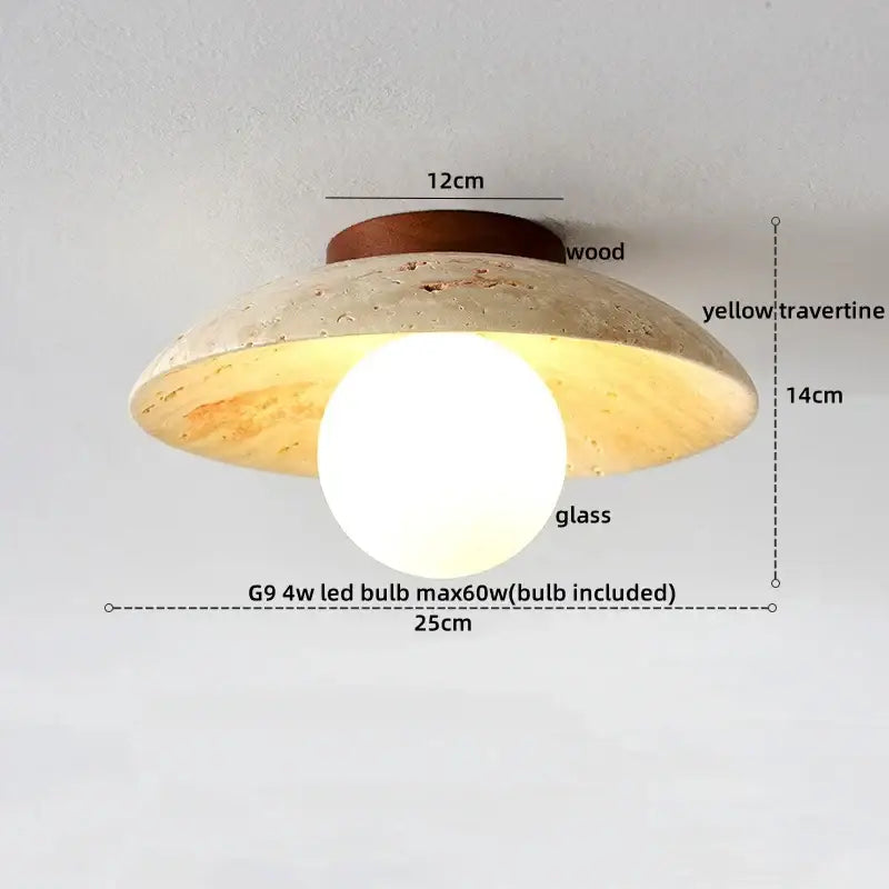 A modern led ceiling lamp with a yellow travertine shade, wooden base, and clear glass globe for living room use