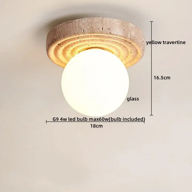 Rounded glass globe led ceiling lamp with yellow travertine textured base for living room lighting