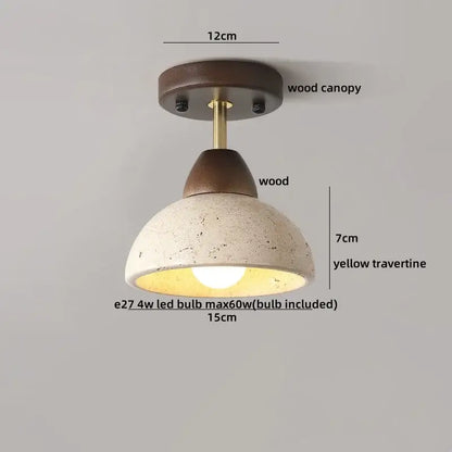 Rustic led ceiling lamp with yellow travertine textured shade and dark wood canopy for living room lighting