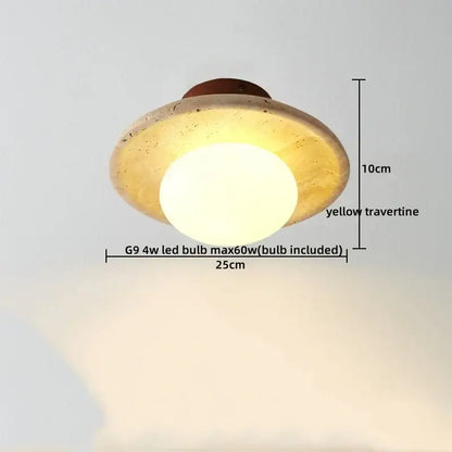 A warm led ceiling lamp with yellow travertine textured shade and dark brown metal base for living room lighting