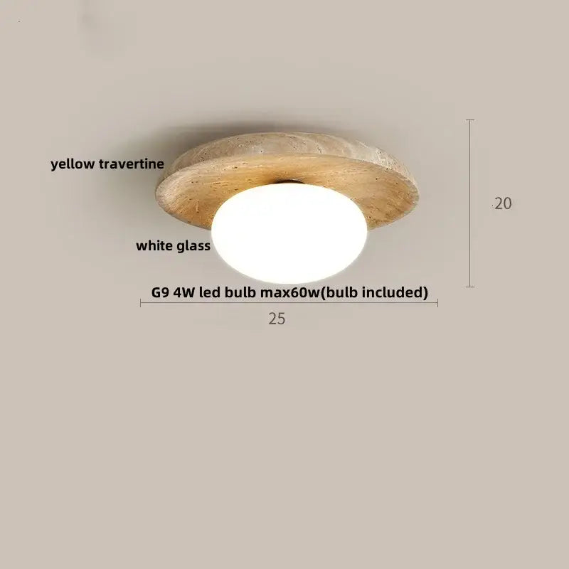 Rounded ceiling light with yellow travertine base and white glass globe decorbites led yellow flush mount ceiling light