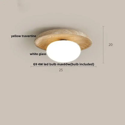 Rounded ceiling light with yellow travertine base and white glass globe decorbites led yellow flush mount ceiling light