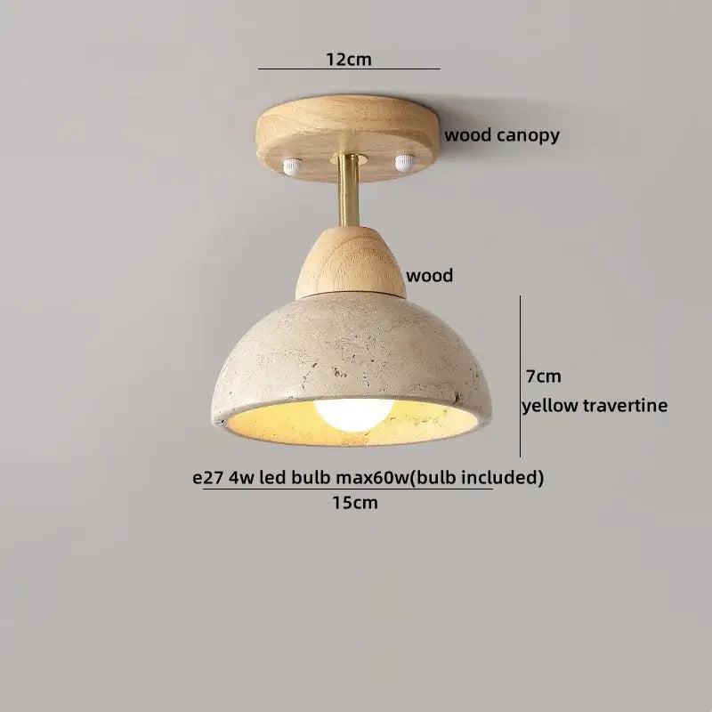 Rustic ceiling light with a natural wood canopy and stem, featuring a textured yellow travertine dome shade for decorbites led yellow