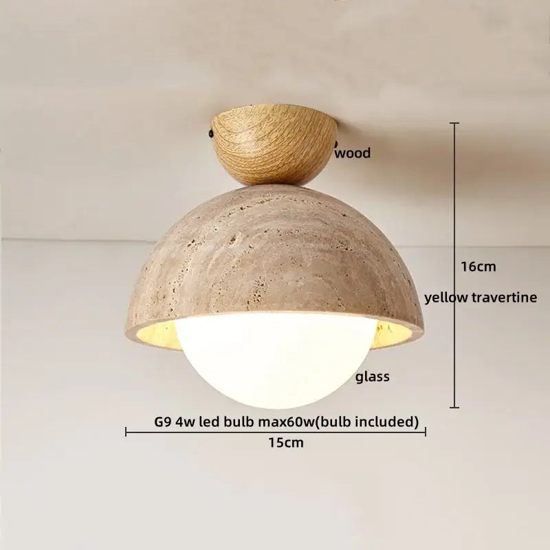 A modern ceiling light with warm wooden top yellow travertine dome shade and frosted glass interior decorbites led yellow