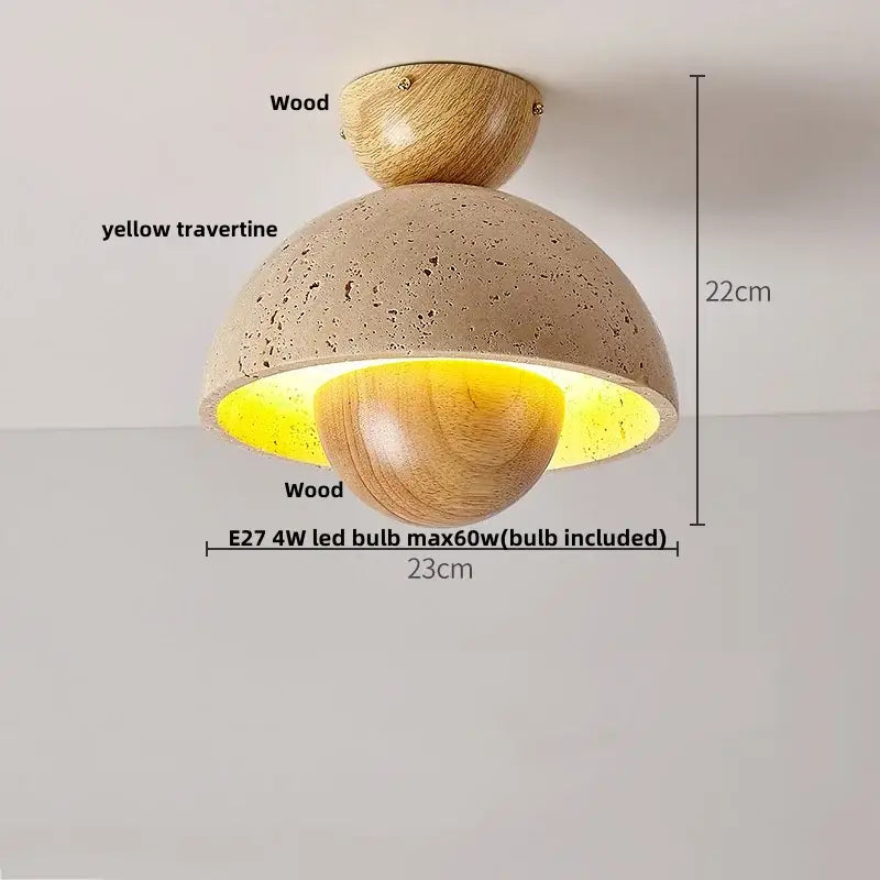 A modern ceiling light with yellow travertine dome and wooden accents featuring decorbites led yellow e27 bulb