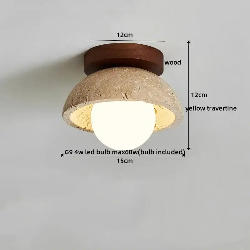 Rounded ceiling light with dark wood base and textured yellow travertine shade decorbites led yellow ceiling light