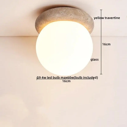 Rounded glass globe ceiling light with textured yellow travertine base for decorbites led yellow bedroom decor