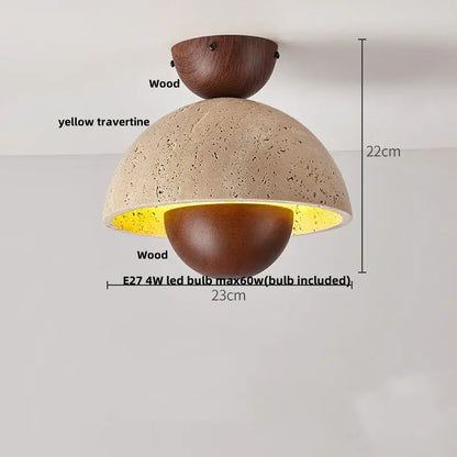 Rustic yellow travertine ceiling light with warm wood top and bottom decorbites led yellow for modern interiors