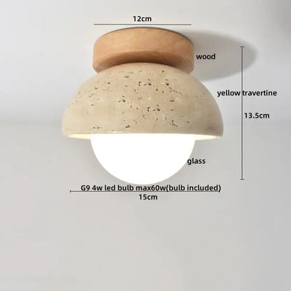 A modern ceiling light with wooden top, yellow travertine dome shade, and glass bulb housing for bedroom decorbites led yellow