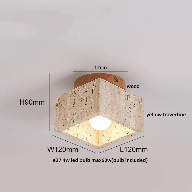 A modern yellow travertine ceiling light with textured body wooden top and integrated decorbites led yellow bulb flush mount