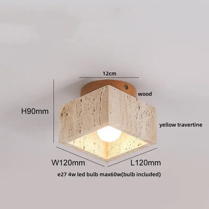 A modern yellow travertine ceiling light with textured body wooden top and integrated decorbites led yellow bulb flush mount