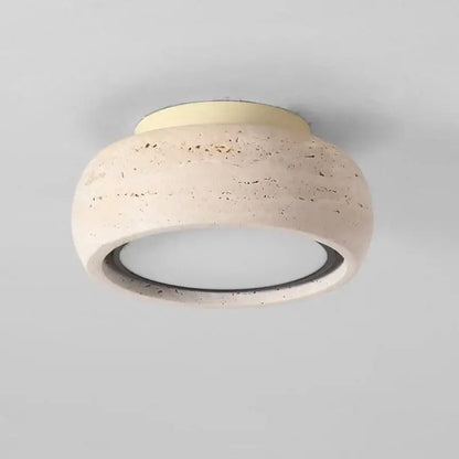 Beige textured concrete yellow travertine led ceiling light with circular frosted glass diffuser for bedroom decorbites led yellow