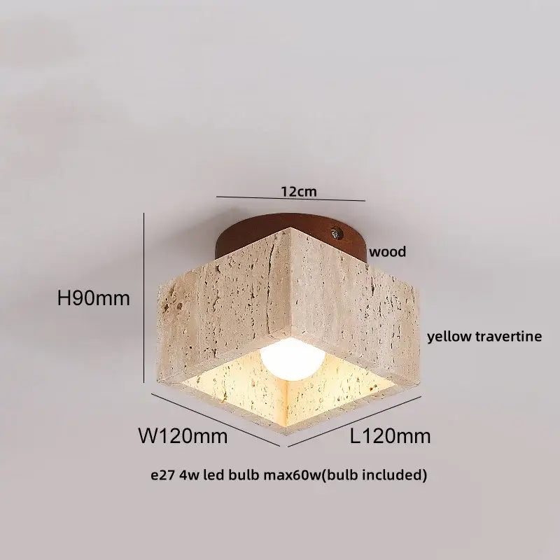 A modern square ceiling light with yellow travertine textured body wooden base and integrated led bulb for bedroom decorbites led yellow