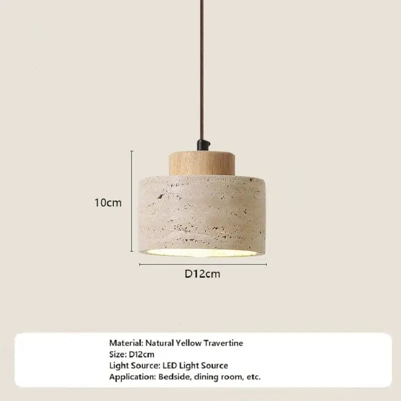 Minimalist pendant light with a cylindrical concrete shade and wooden top featuring yellow travertine stone