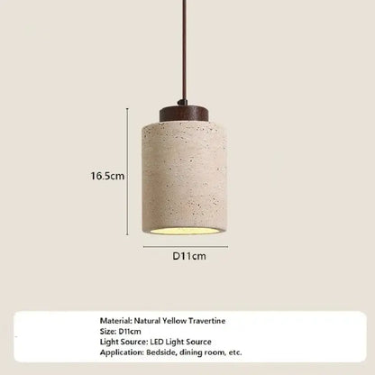 Cylindrical yellow travertine stone pendant light with textured body and dark brown metal suspension for kitchen