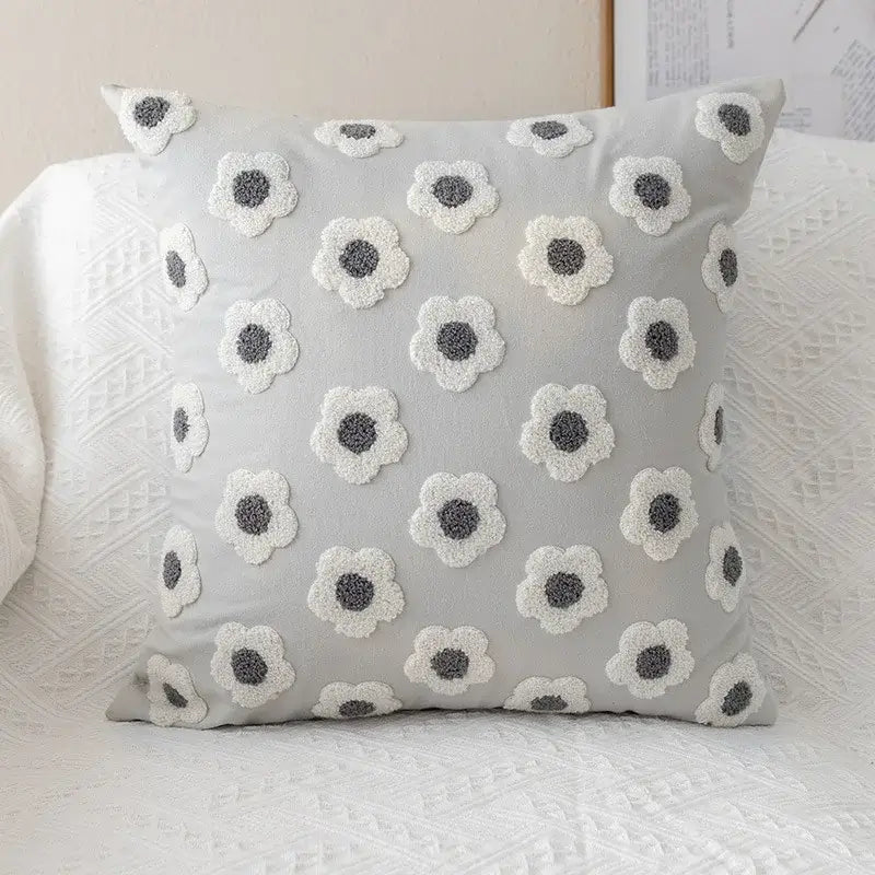 Gray pillow cover with embroidered flora cotton design featuring white and gray floral patterns for bedroom use