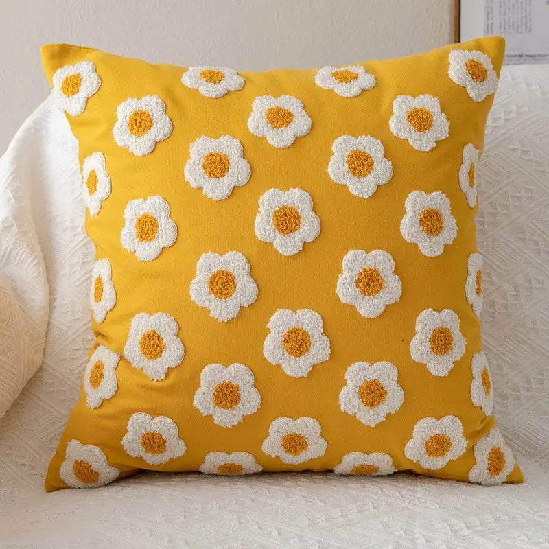Yellow pillow cover with raised white and orange embroidered flora cotton daisies for bedroom sham decor
