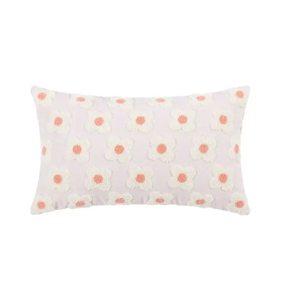 Pastel lavender rectangular pillow cover with raised white and peach embroidered flora cotton design for bedroom sham