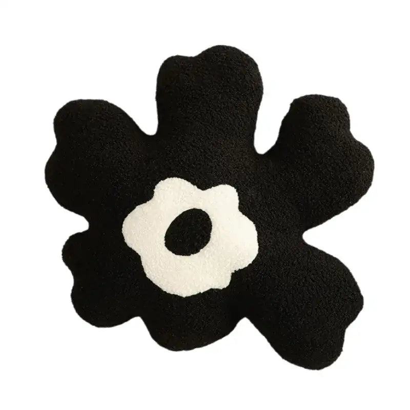 Black plush flower shaped decorative throw pillow with white embroidered center for living room decorbites 3d flower