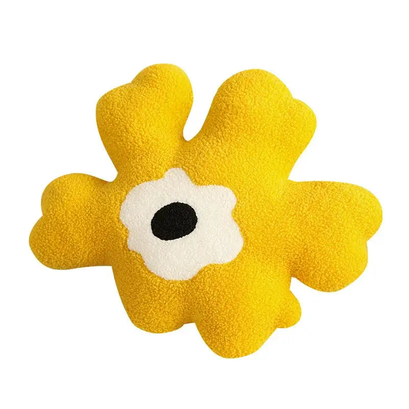 Yellow and white flower shaped decorative throw pillow with plush bright yellow petals and black and white center for living room decorbites 3d flower