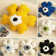 Fluffy yellow and white flower shaped decorative throw pillow with black eye detail for living room decorbites 3d flower decor