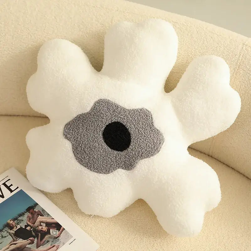 White plush flower shaped decorative throw pillow with gray and black embroidered center for living room decorbites 3d flower