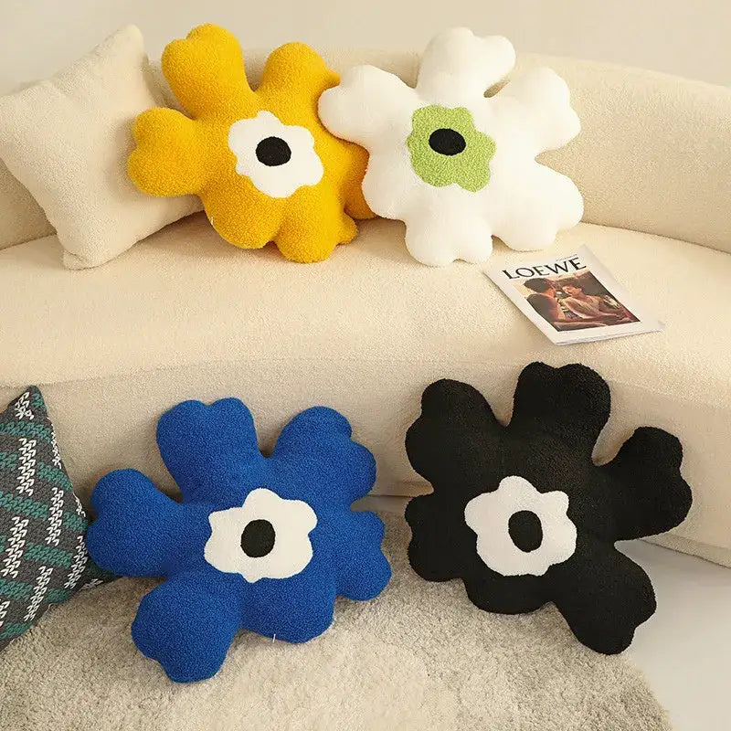 Yellow and white flower shaped decorative throw pillow with fluffy 3d flower centers for living room decorbites 3d flower