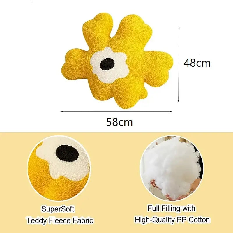 Yellow and white flower shaped decorative throw pillow made of super soft teddy fleece fabric for living room decorbites 3d flower