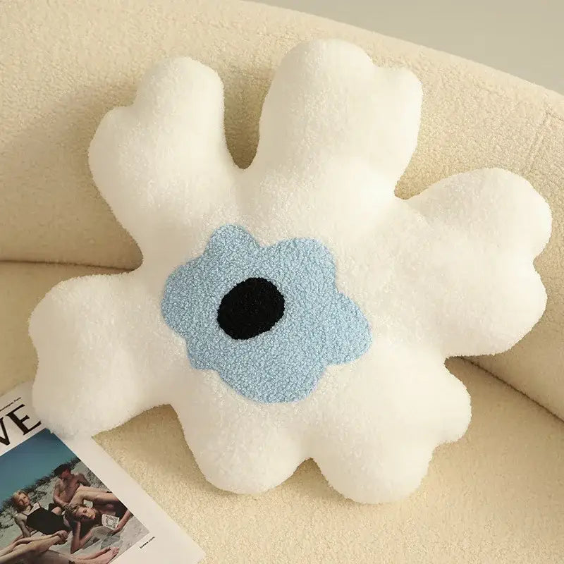 White plush flower shaped decorative throw pillow with light blue embroidered center and black detail for living room decorbites 3d flower