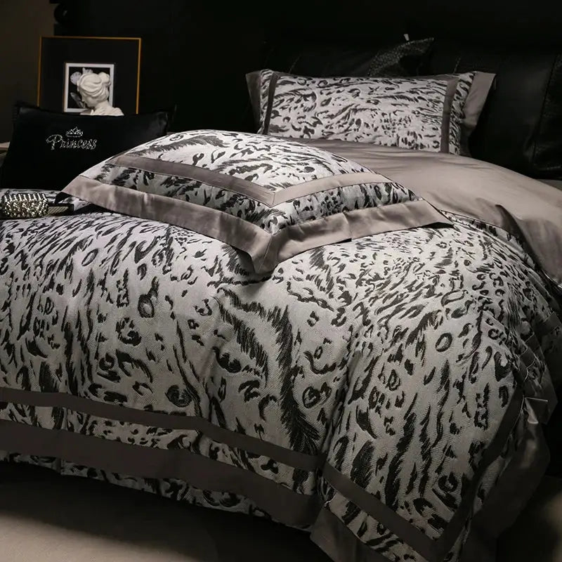 Black and white leopard print bedding set with gray satin trim by decorbites 1000tc egyptian cotton for bedroom decor