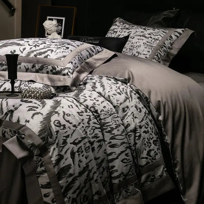 Black and white feather-patterned zebra print bedding set with satin gray trim decorbites 1000tc egyptian cotton
