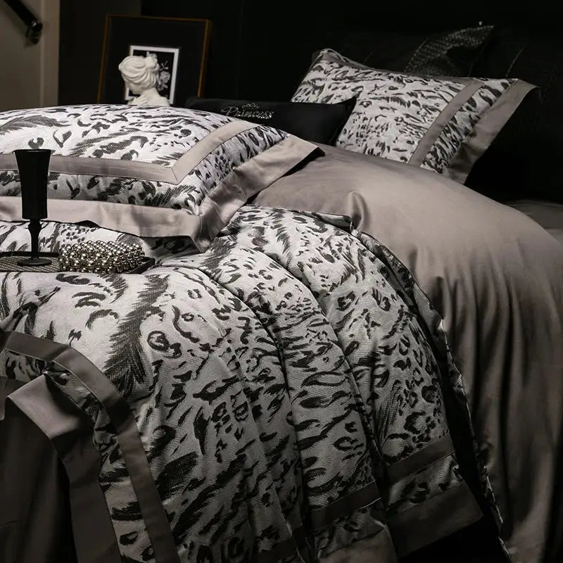 Black and white feather-patterned zebra print bedding set with satin gray trim decorbites 1000tc egyptian cotton