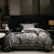 Black and white leopard print bedding set with gray satin trim from decorbites 1000tc egyptian cotton collection