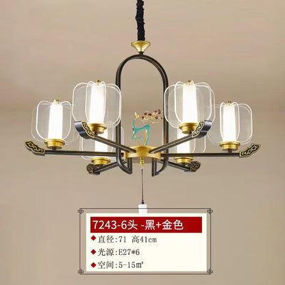 Zen black and gold deer enamel pendant light with six black and gold arms and turquoise decorbites deer enamel centerpiece