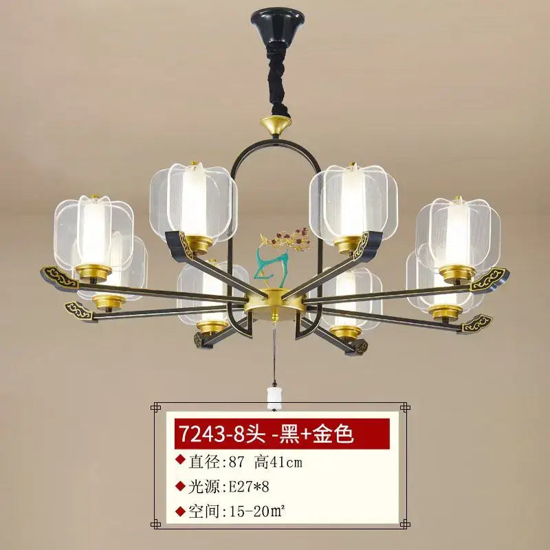 Black and gold eight-light pendant light with clear glass lantern shades from decorbites deer enamel collection for living room decor