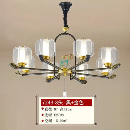 Black and gold eight-light pendant light with clear glass lantern shades from decorbites deer enamel collection for living room decor