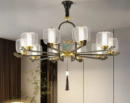 Zen black and gold deer enamel pendant light with black and gold frame clear glass shades and ornate tassel decorbites deer enamel chandelier