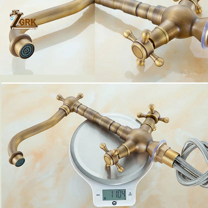 Antique brass finished deck mounted farmhouse kitchen faucet with cross handles and 360 rotation single hole design
