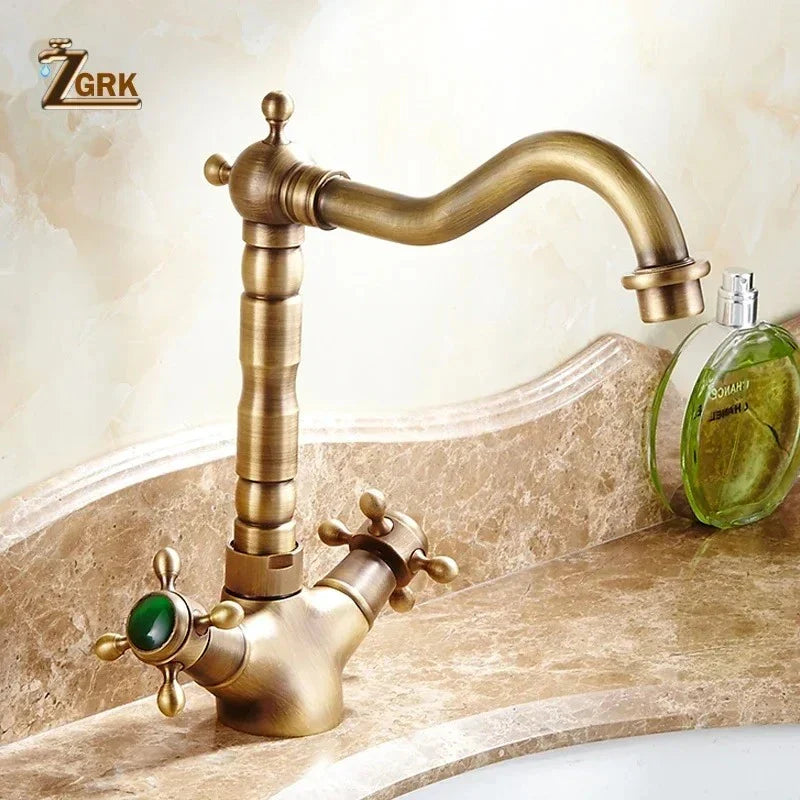 Antique brass-finished deck mounted basin faucet with dual cross handles and single hole housing material design