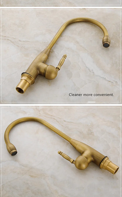 Antique brass single hole kitchen mixer tap with curved spout and decorative knob made of durable housing material