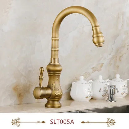 Antique brass kitchen faucet with single hole design and housing material featuring 360 degree mixer tap rotation